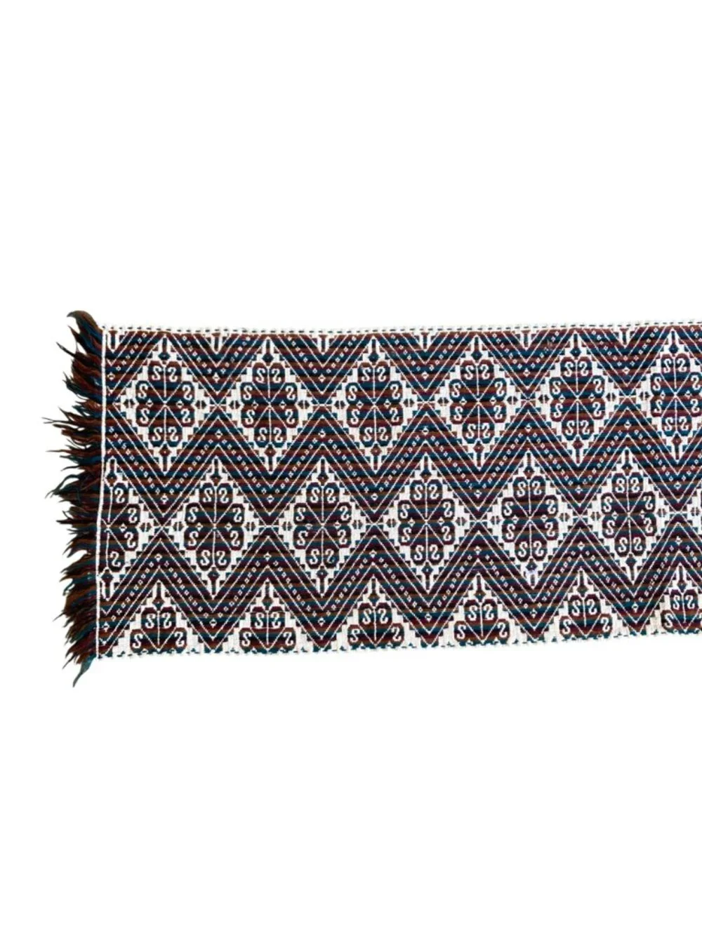 Handwoven Table Runner With Geometric Pattern And Fringe